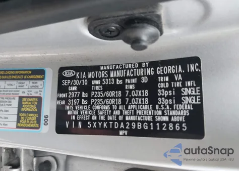 2011 Kia Sorento Lx V6 из США, поврежденный, VIN 5XYKTDA29BG112865